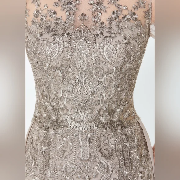 NWT Size 16 Montage By Mon Cheri Latte Lace Gown & Chiffon Detachable Overskirt